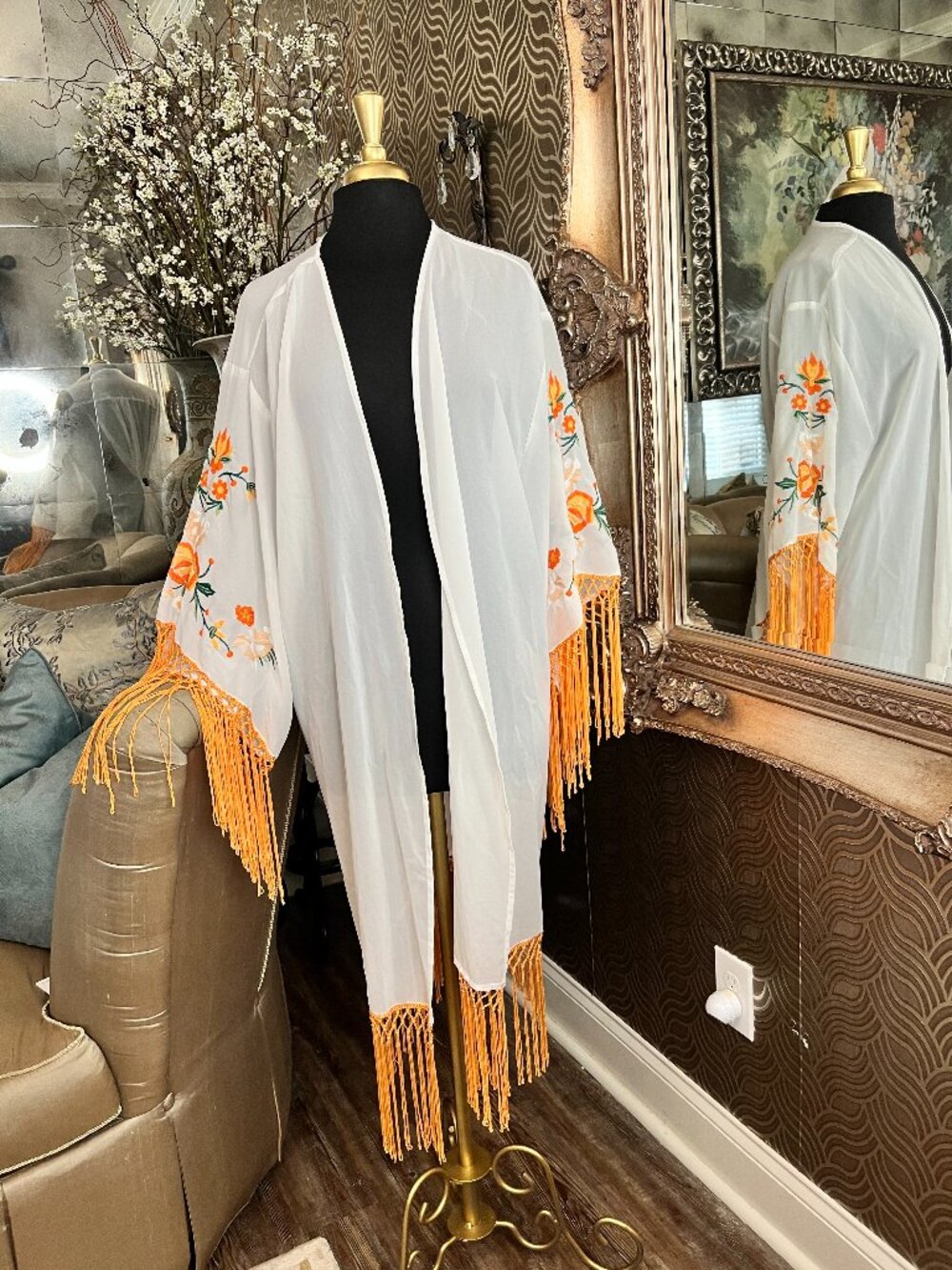 Ombre Sunset crinkled white fringe gauze kimono